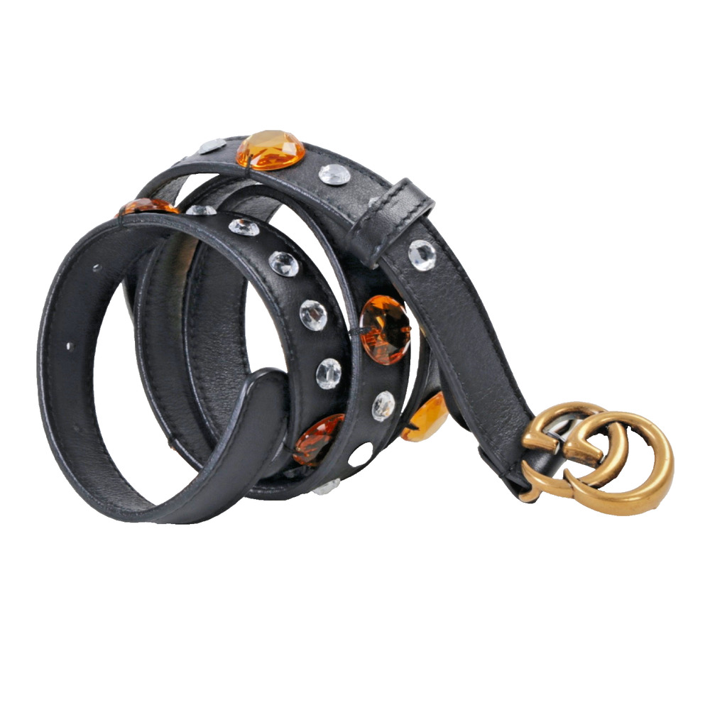 Gucci GG Marmont Rhinestone Crystal Embellished Black Leather Skinny Belt 100-40